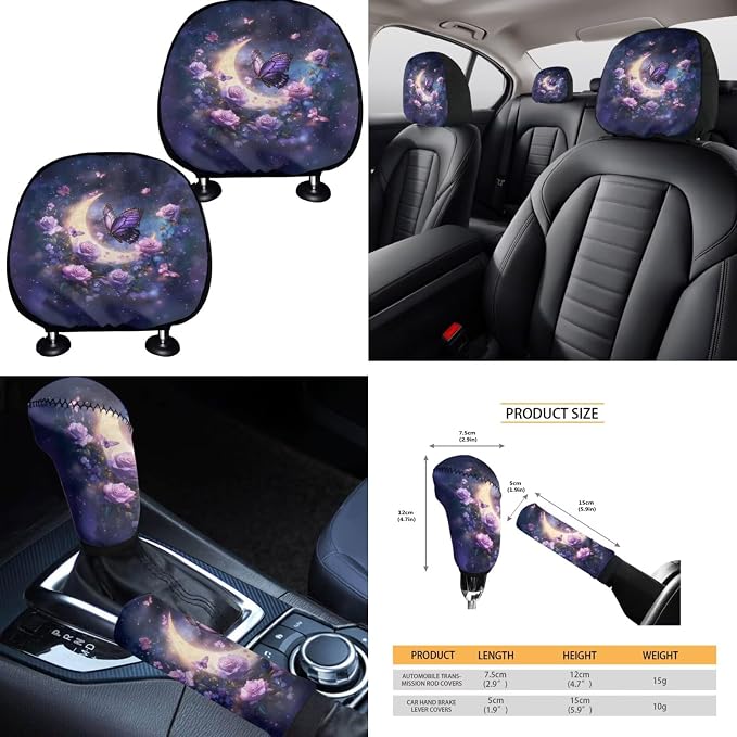 Purple Moon Galaxy Butterfly Car Seat Covers Full Set 15 Pcs Universal Car Accessories Steering Wheel Cover Seat Belt Pads Garbage Bag Car Headrest Pillow Covers Armrest Pad
