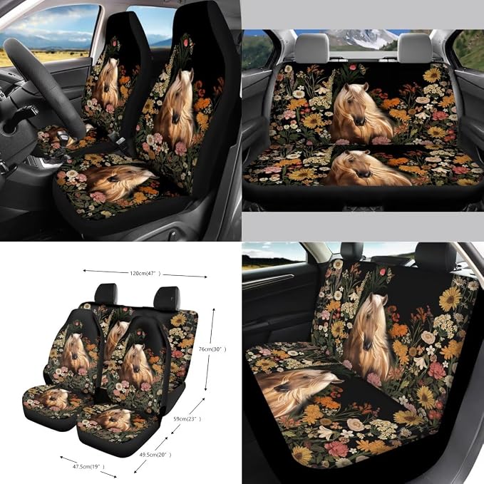 Horse Floral Print 15 PCS Car Front Back Seat Covers Set, Steering Wheel Cover Seatbelt Strap Pad Trash Cans Rear View Mirror Cover Air Vent Storage Bag Cup Coasters Keychain Universal Fit