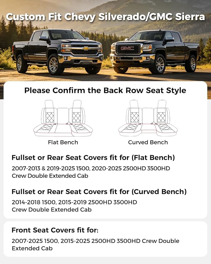 Huidasource Silverado Seat Cover, Sierra Seat Cover fit for Chevy Silverado/GMC 1500 2014-2018, 2500HD 3500HD 2015-2019 Crew Double Extended Cab, Nappa Leather Seat Covers (Full Set/Blue)