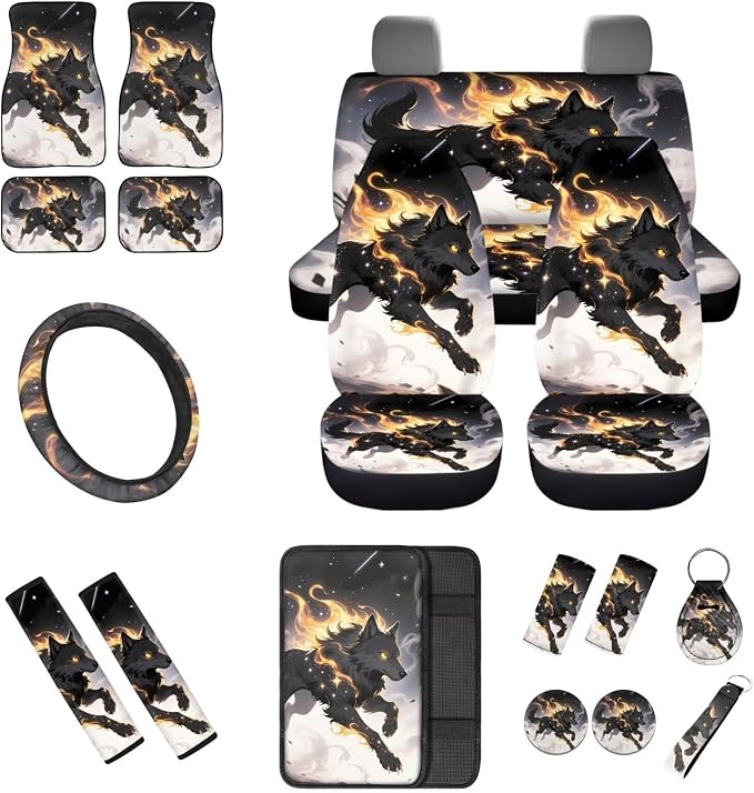 18 Pcs Cool Wolf Car Interior Accessories Set, Car Seat Covers Full Set with Auto Floor Mats Steering Wheel Cover Armrest Pad Seat Belt Pads Handle Wraps Keychain Cup Coaster