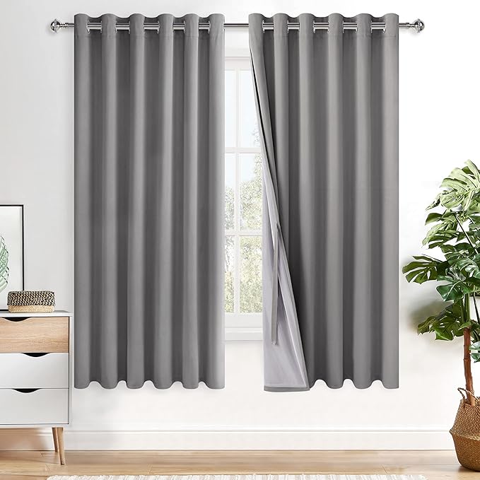 XWZO 100% Blackout Curtain Panels - Thermal Insulated Black Liner Curtains, Noise Reducing and Heat Blocking Drapes for Hall and Extra Wide Windows with Tiebacks, Grey, W70 x L63, Set of 2