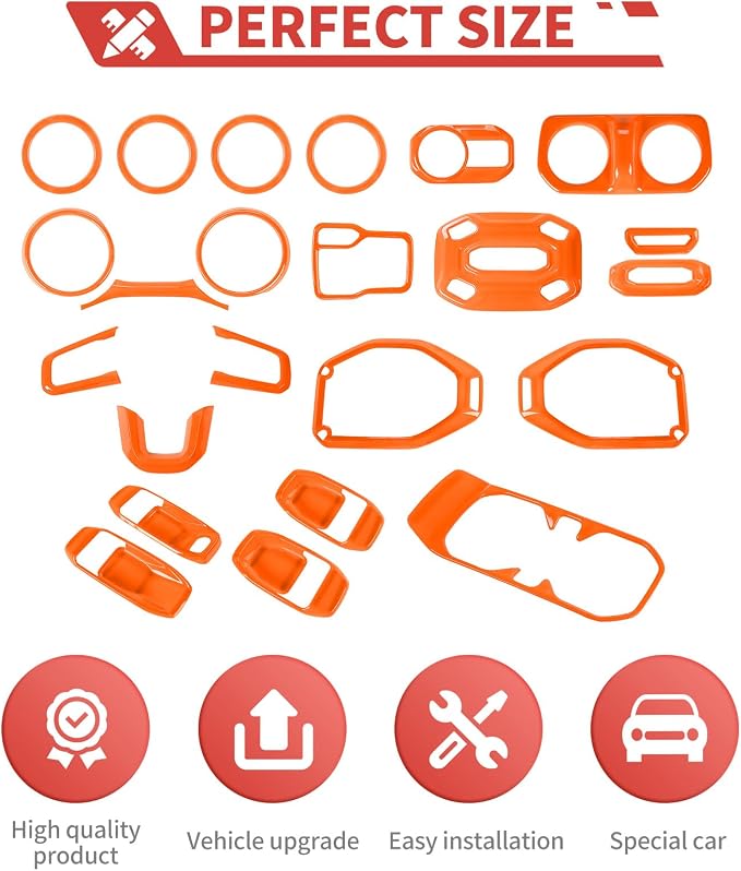 23pcs Full Set Interior Trim Kit for Jeep Wrangler JL JLU Gladiator JT 2018-2023 Steering Wheel Door Handle Air Conditioning Vent Cup Holder Reading Light Headlight Gear Cover, Orange