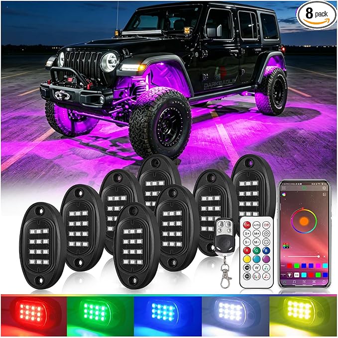 8Pods RGB LED Rock Lights for Jeep Golf Cart ATV UTV Trucks Offroad RZR SXS Four Wheeler with APP/RF Remote Control, Multicolor Dynamic Color Changing Underglow Kits Music Mode 12V Waterproof Chasing