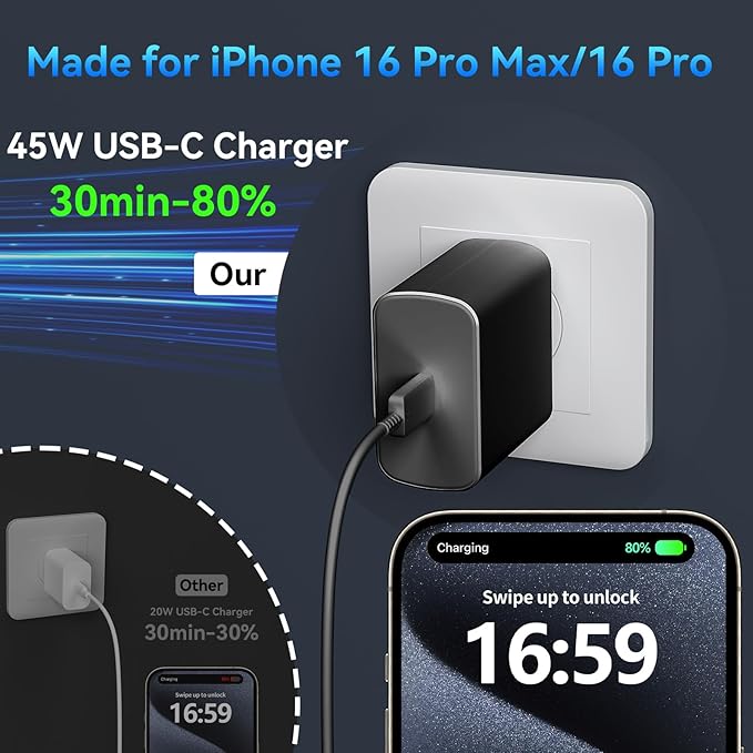 Phone 17 16 Pro Max Charger Fast Charging, 45W Super Fast USB C Charger Block with 6.6FT Charging Cable for 17 16 Pro Max/17 16 Pro/16 Plus,15 Pro Max/15 Pro/16, Android Phone