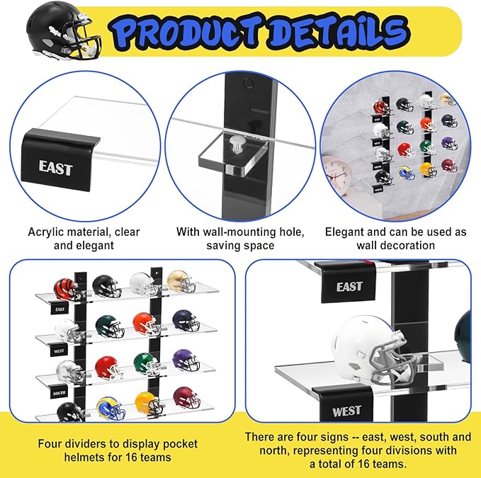 Colingmill 2 Pcs Mini Football Helmet Display Racks Wall Mount Pocket Helmet Storage Acrylic Clear Baseball Stand Display Rack Ideal Gift for Sports Enthusiast, 11.81 x 9.84 x 3.15 Inches