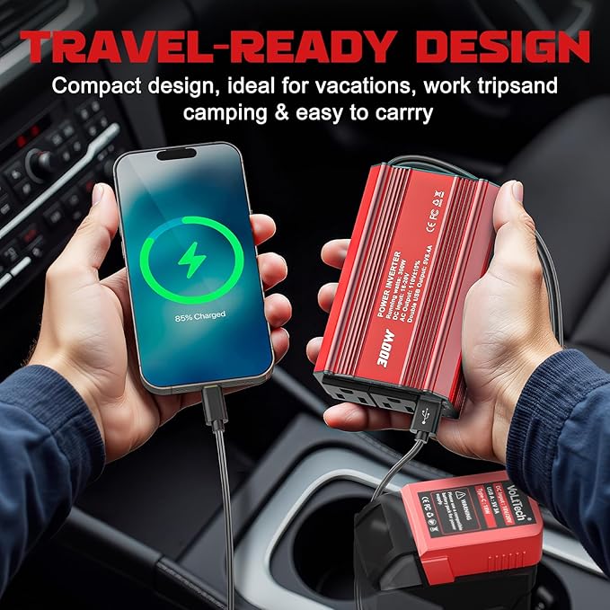 VoLtTech 300W Power Inverter 18V to 110V Compatible with Milwaukee 18V, Battery Inverter DC Charger Adapter with 2 AC Outlet & 2 USB Port for Vehicles, Laptop, Computer, Phone, Fan(No Battery)(2 Pack)