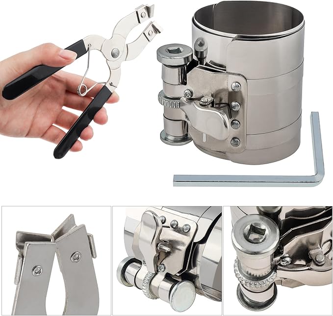 3inch Car Engine Piston Ring Compressor Tool Piston Installer Plier with Wrench and Feeler Gauge, Adjustable Sizes From 2-1/8 Inches To 7 Inches, Piston Ring Installer Removal Kit