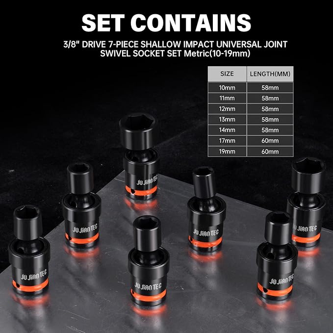 7-Piece 3/8" Drive Shallow Impact Universal Joint Swivel Socket Set, Metric(10-19mm), Flexible Wobble, CR-MO Steel, with Heavy-Duty Storage Case