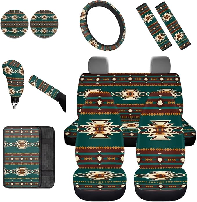 Dreaweet Navajo Seat Covers for Cars Trucks SUV,Green Southwestern Native American Seat Covers with Steering Wheel Cover,Seatbelt Cover,Armrest Pad,Cup Holder,Gear Shift Knob Handbrake Cover,Set of 12