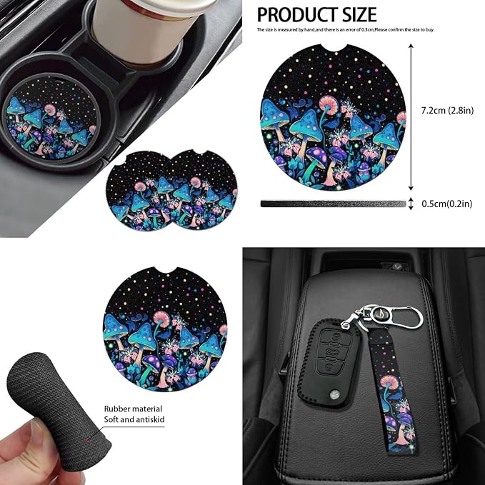 Hippie Mushroom Auto Seat Cover Set of 14,Mushroom Seat Covers for Front Rear Back Seats Protection+Butterfly Mushrooms Steering Wheel Cover+Seatbelt +Keychain+Interior Mirror Cover