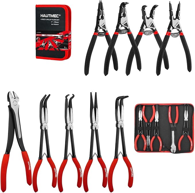 HAUTMEC 11Inch Long Reach Pliers Set Bundle with 7Inch Snap Ring Pliers Set