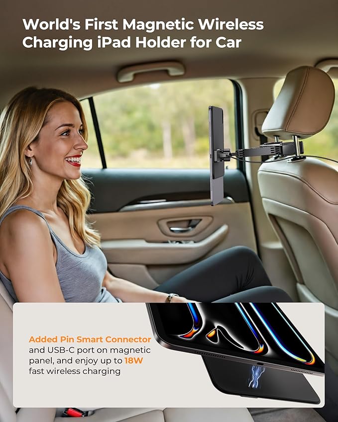 KUXIU Magnetic Wireless Charging Car Headrest Tablet Holder for iPad Pro 11'' M4 [2024]Only, Tablet Car Back Seat Mount for Kids, Road Trip Essentials Trave Holder with Air Vent Stand, 2M USB-C Cable