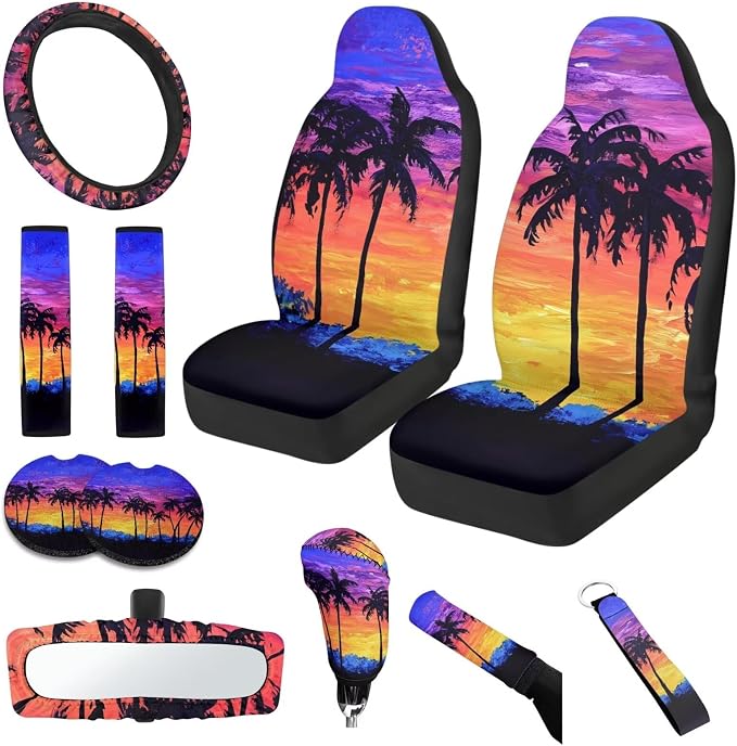 Coconut Tree Car Seat Covers Full Set 11 Pack Auto Seat Belt Cover Steering Wheel Cover Gear Lever Cover Hand Brake Cover Universal Fit for Cars SUV