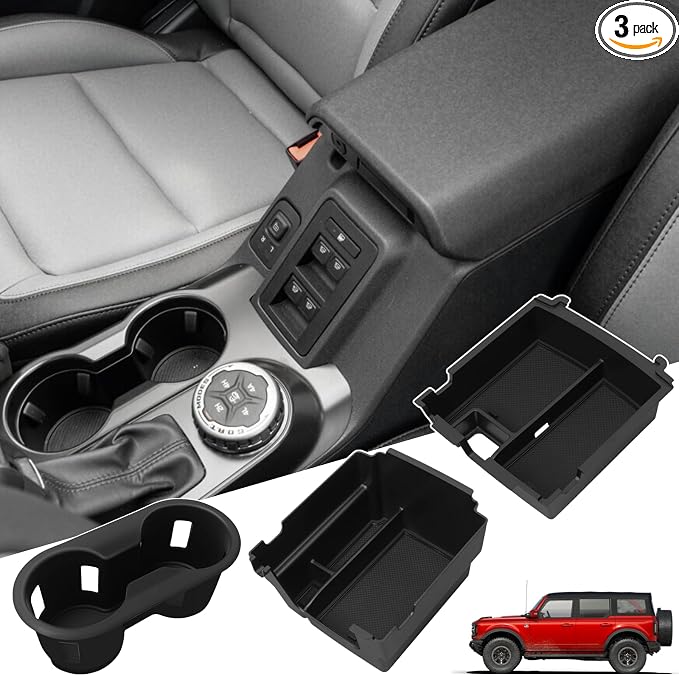 Center Console Organizer for 2025 2026 Ford Bronco 4 Door Accessories - Double Layer Armrest Storage Box Compartment & Center Console Cupholder Insert - (Only for Automatic Transmission & 4 Doors)