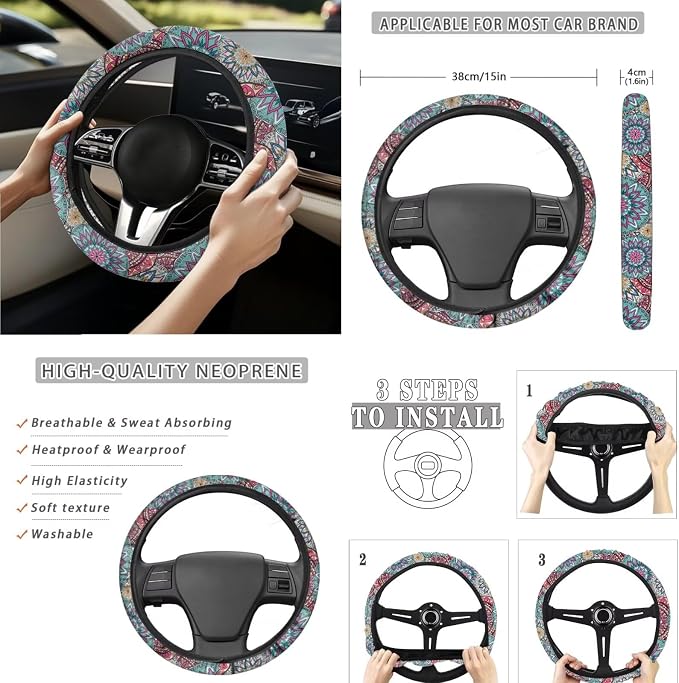 Boho Mandala Floral Car Accessories Car Seats Cover Protector, Steering Wheel Covers, Seatbelt Cover, Car Trash Can, Cup Coasters, Rearview Mirror Cover, Keychains, Pack of 15