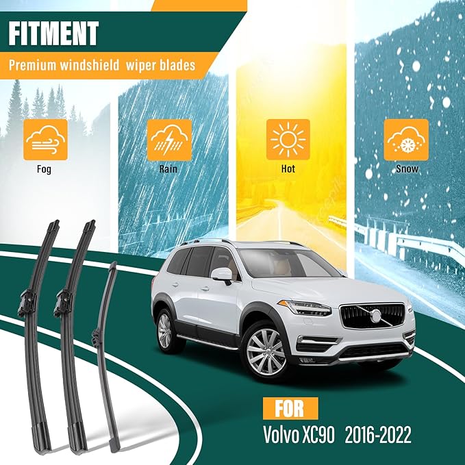 Windshield Wiper Blades Replacement for Volvo XC90 2016 2017 2018 2019 2020 2021 2022, Original Equipment Replacement Front Rear Wiper Blade Set - 24" 20" 15" (Set of 3)