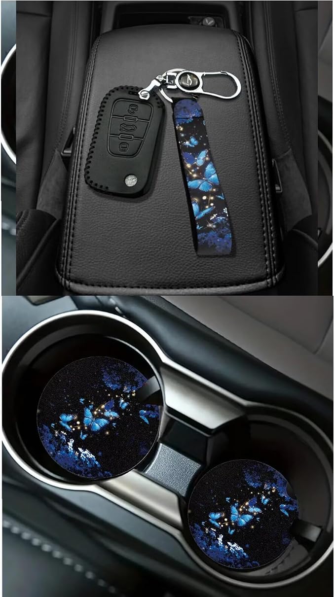Dreaweet Blue Butterfly Car Seat Covers Full Set for Women Fashion Car Accessories Seat Cover with Steering Wheel Cover Seatbelt Pad Coasters Garbage Bag Air Vent Pouch Rear View Mirror Cover Keychain