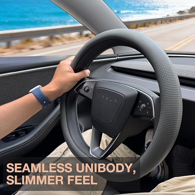 PINCTROT Nappa Leather Steering Wheel Cover for Tesla Model Y/3 Highland/Juniper, D Shaped 14 Inch Small Sized with Breathable Perforation, Fit Like Gloves, Flat Bottom 14 Inch(Nappa Dark Gray)