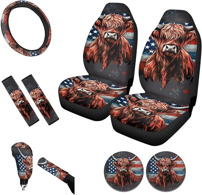 Tupalatus American Flag Highland Cow Car Seat Covers Full Set Fashion Car Interior Accessories Steering Wheel Cover Auto Seat Belt Cover Coasters Gear Shift Cover Hand Brake Cover 9 Pieces
