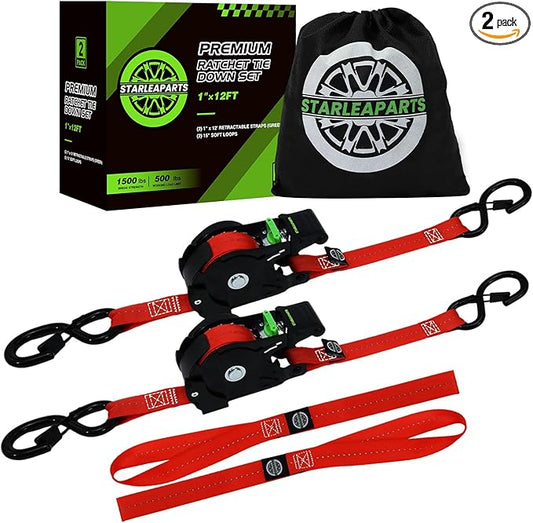 STARLEAPARTS Retractable Ratchet Straps(2PK 1.0INX12FT) - 1,500lb Break Strength, Ratchet Strap Heavy Duty with Rubber Coated Handle, Perfect Auto Ratchet Straps for Motorcycle, Kayak and Trucks