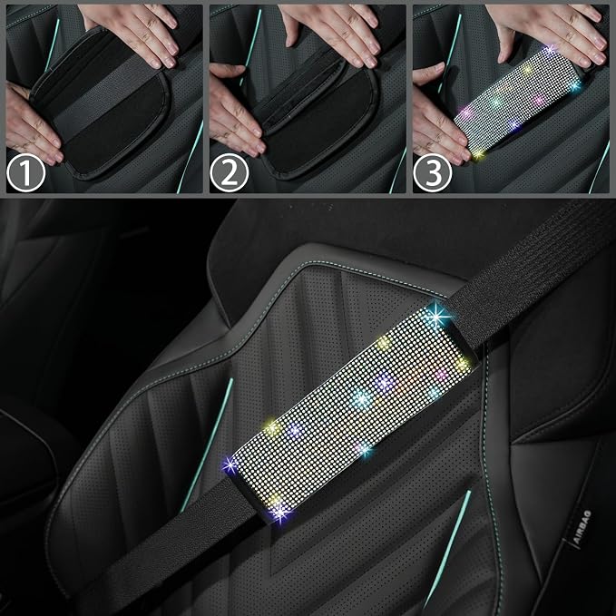 NBTEPEM 8 pcs Bling Car Accessories Set for Women, Steering Wheel Cover, Sparkly Seat Belt Covers, Bling Gear Shift Cover, Universal Fit Most Cars (Multicolor Diamond)