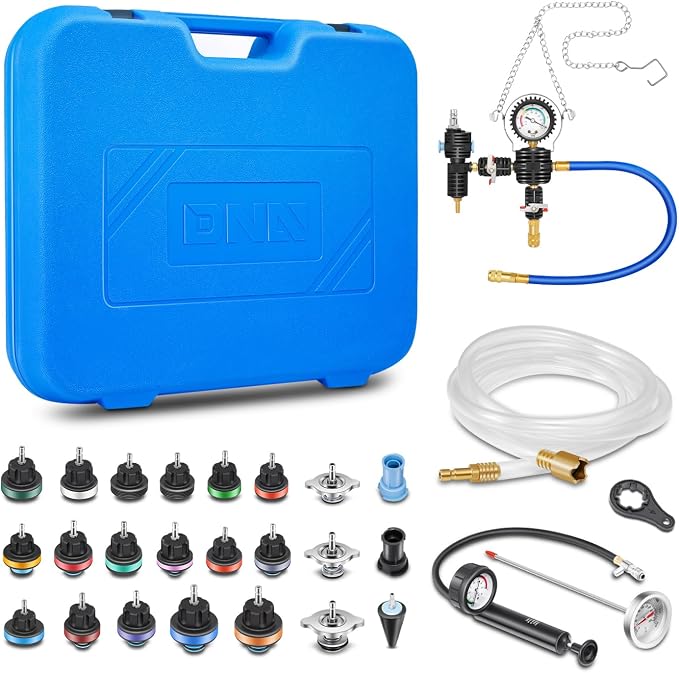 DNA MOTORING 28pcs Radiator Coolant Pressure Tester Vacuum Refill Tool Kit for Most Vehicles,with Carrying Case,Blue,TOOLS-00316