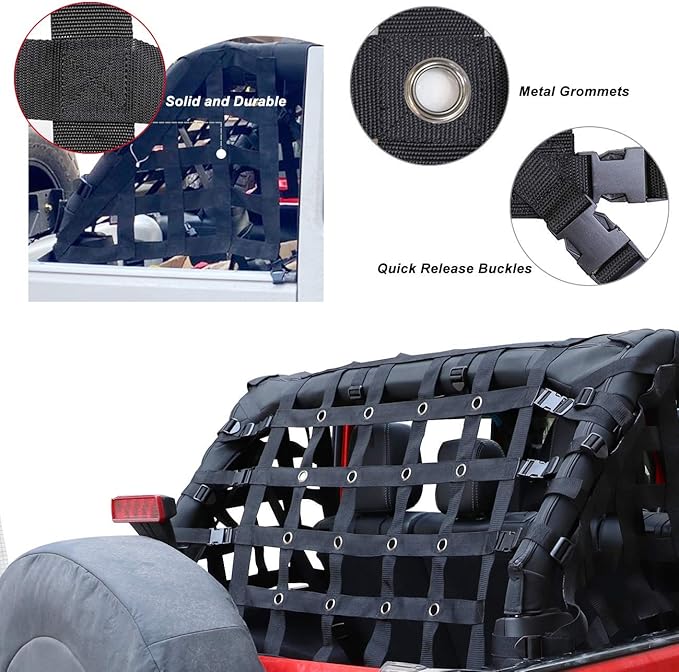 MFC New Black Trail Cargo Net Cargo Restraint System Net Compatible with for 2007-2018 Jeep Wrangler JK 4 Door