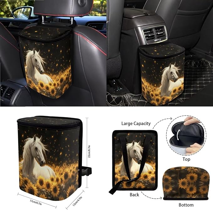 Horse Sunflower Print 15Pcs Car Seat Cover Full Set Car Steering Wheel Cover Seat Belt Cover Trash Bin Air Vent Storage Box Front Rear View Mirror Car Cup Holder Keychain, Black