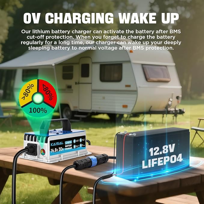 12V 30A Lithium Battery Charger 14.6V LiFePO4 Battery Charger IP67 Waterproof & 0V Wake Up 12 Volt Lithium Charger with 2 Connectors, 8 Protections for 12.8V LiFePO4 Battery of RV, Boat, Solar, Marine