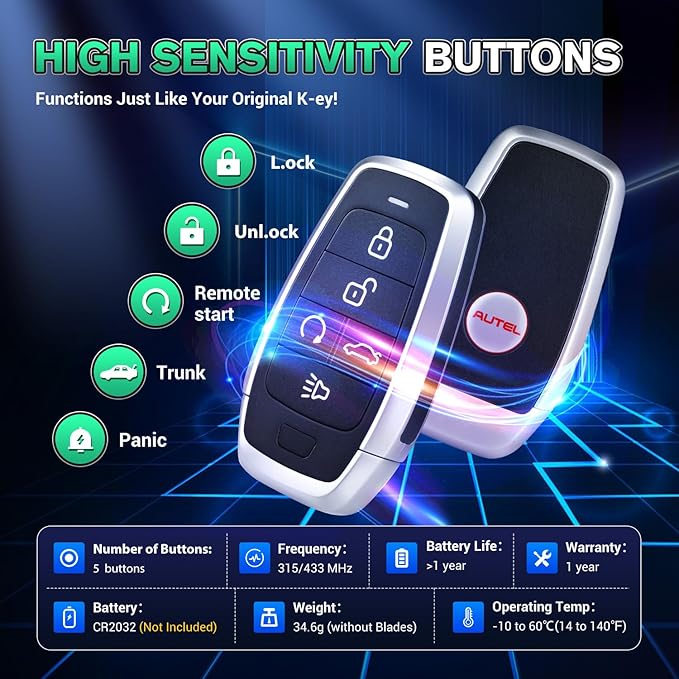 Autel MaxiIM Blank Key, IKEYAT005BL, Programmable Universal Remote Fob Replacement, 5-Button, OE-Quality, OBD Learning for 700+ Cars, Dual-Band, 130FT Remote, Multi-Frequency, Work w/ KM100 Scan Tool