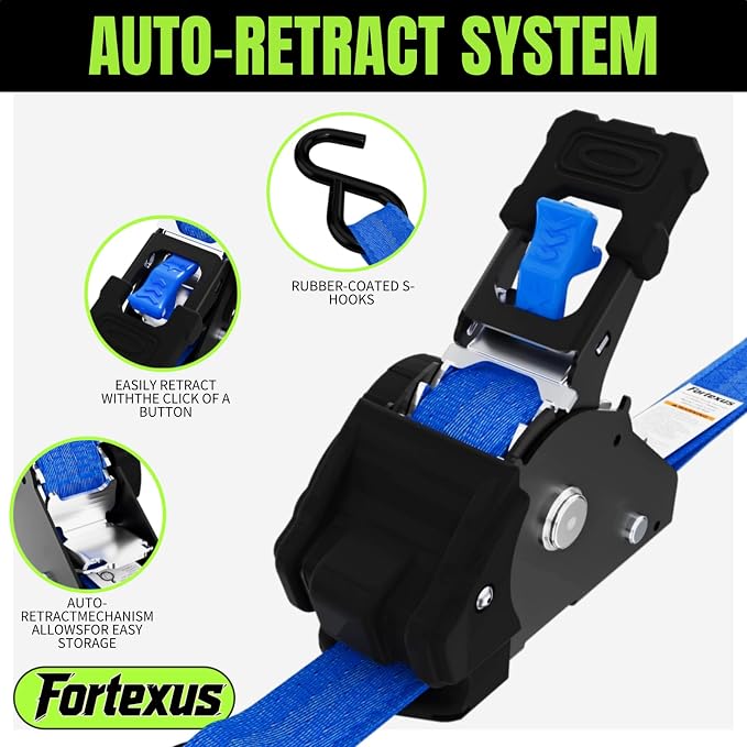 Retractable Ratchet Straps, 4-Pack, 1 Inch x 12 Feet, 1,760lb Break Strength, Self Retracting Tie Down for Truck, Cargo Trailer, Motorcycle, ATV, UTV (Blue, 4pack)
