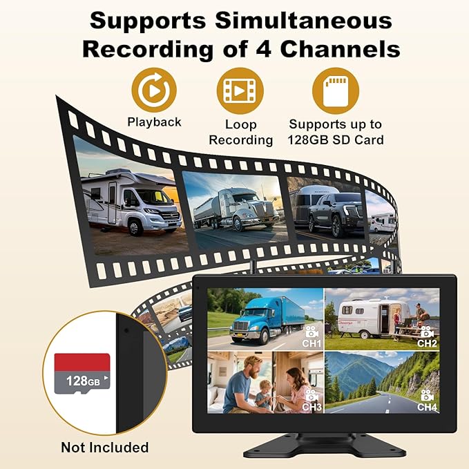 10" Wireless Backup Camera System for RV/Truck/Trailer, 4-Channel IPS Touch Screen Monitor, Dual HD 1080P IP69K Waterproof Cameras, IR Night Vision, Easy Installation for Camper & Trailer