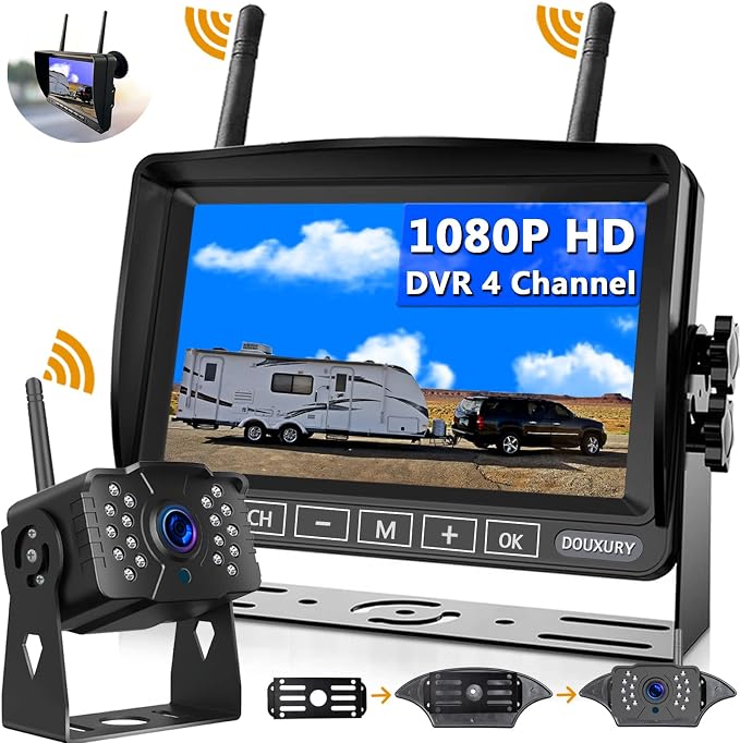 RV Backup Camera Wireless DOUXURY IP69 Waterproof 170° Wide View Angle HD 1080P Rear View Camera + HD LCD 7" Monitor, Digital Wireless Camera System for RV Truck 5th Wheel Trailer Pickup Camper Bus