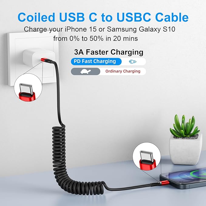 USB C Cable 3ft 2Pack USB C to USB C Charger Cable for Car, Coiled Type C Fast Charging Cable for iPhone 17/16/15/Plus/Pro/Pro Max/MacBook Pro 2020/iPad Pro 2020/iPad Air 4/Samsung Galaxy S23-Red