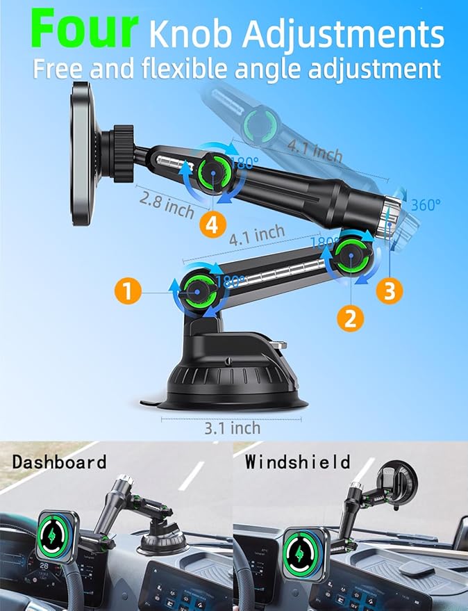 for MagSafe Car Charger, Phone Mount Holder for Truck,【11-inch Long arm】 15W Qi2 Magnetic Wireless Car Charging Windshield Dashboard, Truck Accessories, for iPhone 17 16 15 14 13 12 Series