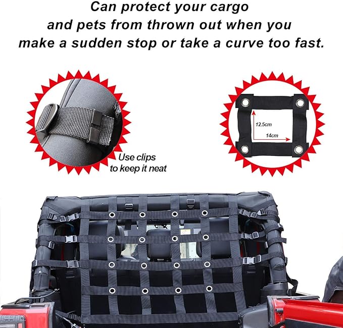 MFC New Black Trail Cargo Net Cargo Restraint System Net Compatible with for 2007-2018 Jeep Wrangler JK 4 Door
