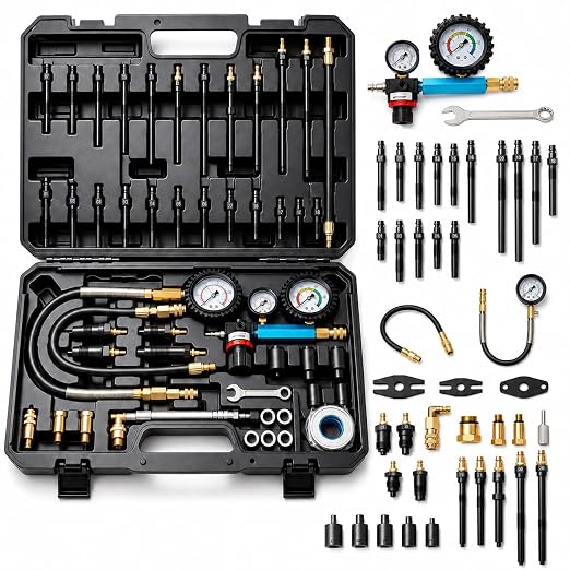 47PCS Compression and Leakage Tester Kit for Diesel & Petrol, Dual Gauge Compression & Leak Down Test, 0-700 PSI / 0-50 Bar, Compression Cylinder Leakdown Test Kit for HDI, TDCi, Pumpe Duse
