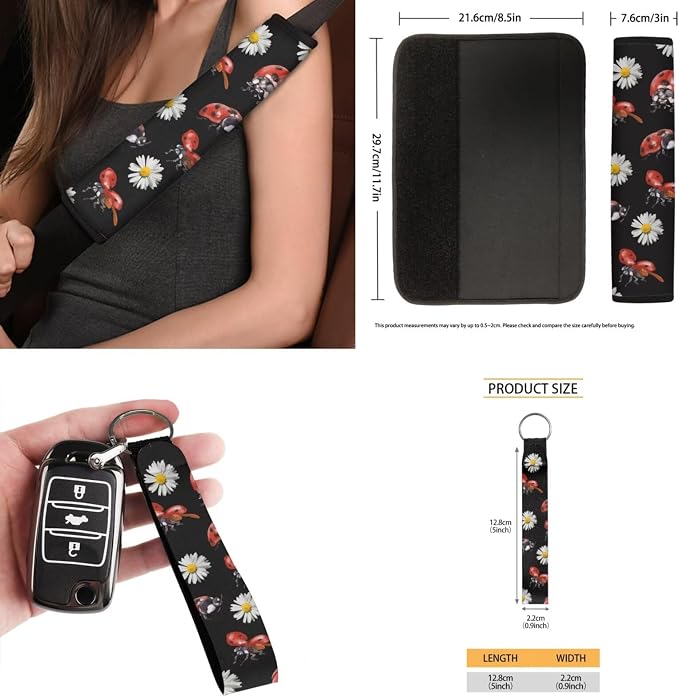 15 Pcs Dasiy Ladybug Car Seat Cover Full Set for Women with Car Steering Wheel Cover Seat Belt Cover Trash Bin Front Rear View Mirror Car Cup Holder Keychain