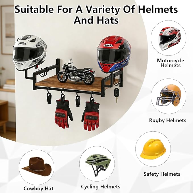 Helmet Rack Wall Mount,Solid Wood Motorcycle Helmet Rack with 4 Hooks & 4 Clips,Universal Wall Mount for Helmets, Gear, Clothes,Motorcycle Accessories