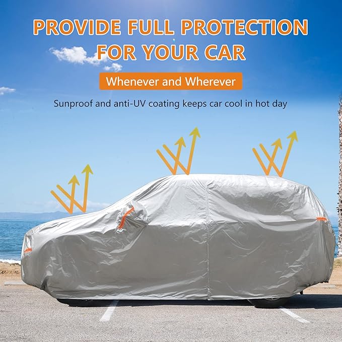 SEAZEN 2 Layers SUV Car Cover Waterproof All Weather, Outdoor Car Covers for Automobiles with Zipper Door, Hail UV Snow Wind Protection (Length Up to 190")