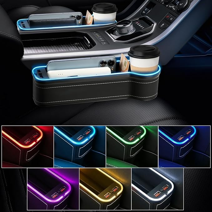 2 Pack Car Seat Gap Plug Storage Slot with USB Charger Upgrade LED Car Seat Gap Filler Organizer Box with Cup Holder Card Slot Larger Storage Space Reducing Item Loss