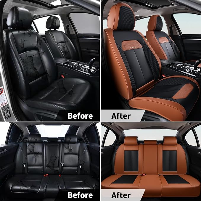 FLORICH Waterproof Car Seat Covers Full Set, Automotive Seat Covers, Brown Car Seat Covers, Luxury Seat Protector Universal fit for Most Cars SUVs and Trucks - Brown&Black