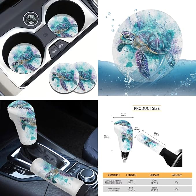 Tupalatus Turtle Car Seat Covers Set,Steering Wheel Cover+Gear Shift Knob Cover+Car Handbrake Cover+Seat Belt Shoulder Pads+Car Coaster Full Set 9, Auto Interior Accessories