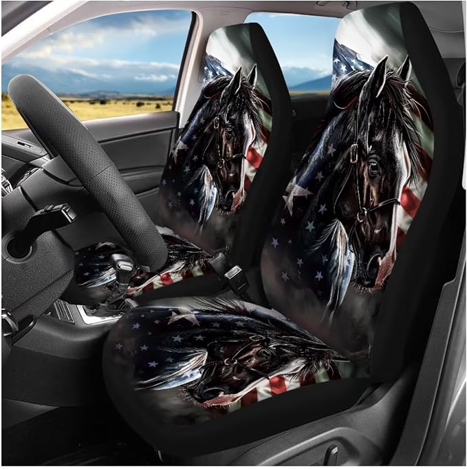 Ystardream American Flag Horse Car Seat Cover Full Set 11 Pcs with Steering Wheel Cover, Auto Seat Belt Covers Keychain & Cup Holder Pads,4th of July Car Accessories Universal Fit for SUV Sedan Truck