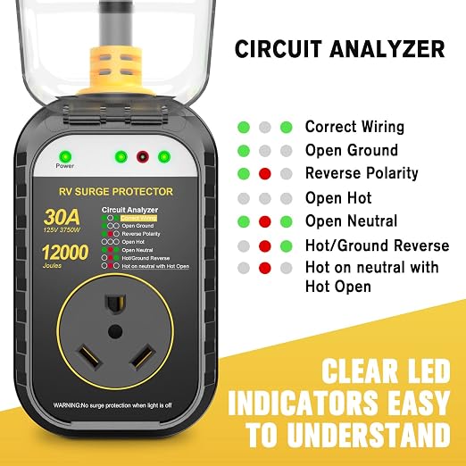 GEARGO RV Surge Protectors 30 Amp, 12000 Joules RV Circuit Analyzer, IP68 Surge Voltage Protection, RV Adapter Plug for Camper (Yellow)