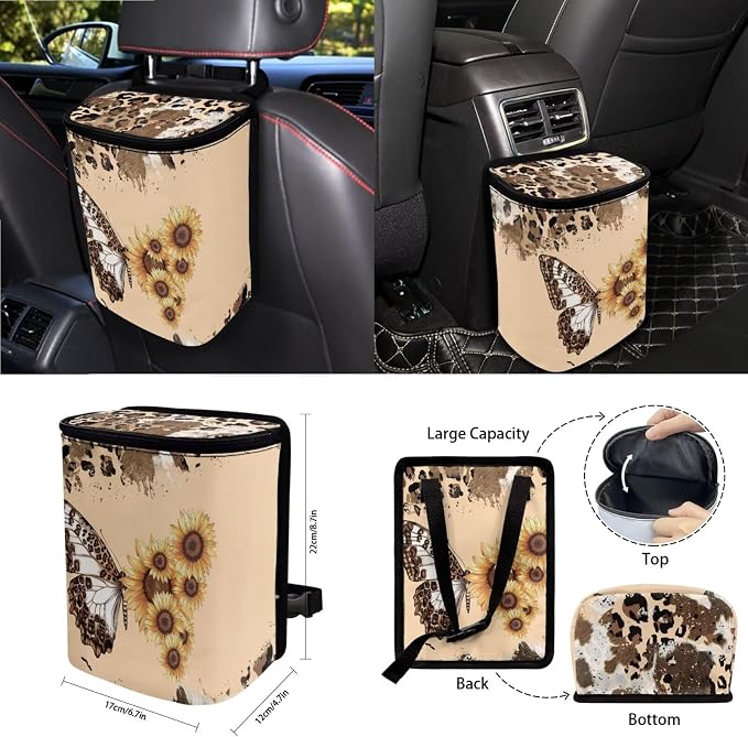 Butterfly Sunflower Print Car Seat Cover Sets for Women Full Set Leopard Cow Print Car Front and Rear Seat Covers with Steering Wheel Cover Safety Belt Pads Garbage Bag Coasters