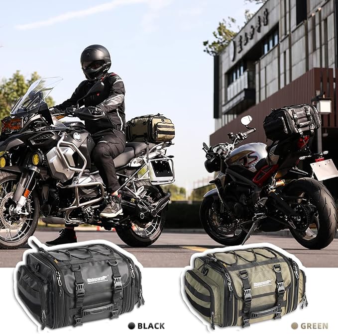 Rhinowalk Motorcycle Saddle Bag Motorbike Tail Bag Waterproof Expandable Pannier Bag Powersports Travel Luggage (Army Green，26L)