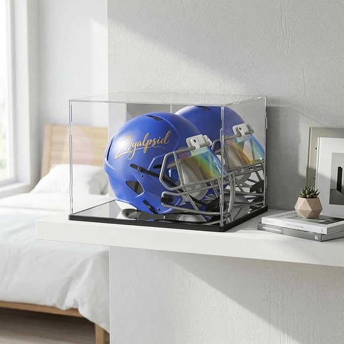 Football Helmet Display Case, Clear Acrylic Display Box for Full Size Football & Baseball Helmets, Mirrored Back & Bottom, Black Base, Dust-Resistant Showcase, 14.9" x 11.8" x 11.8"