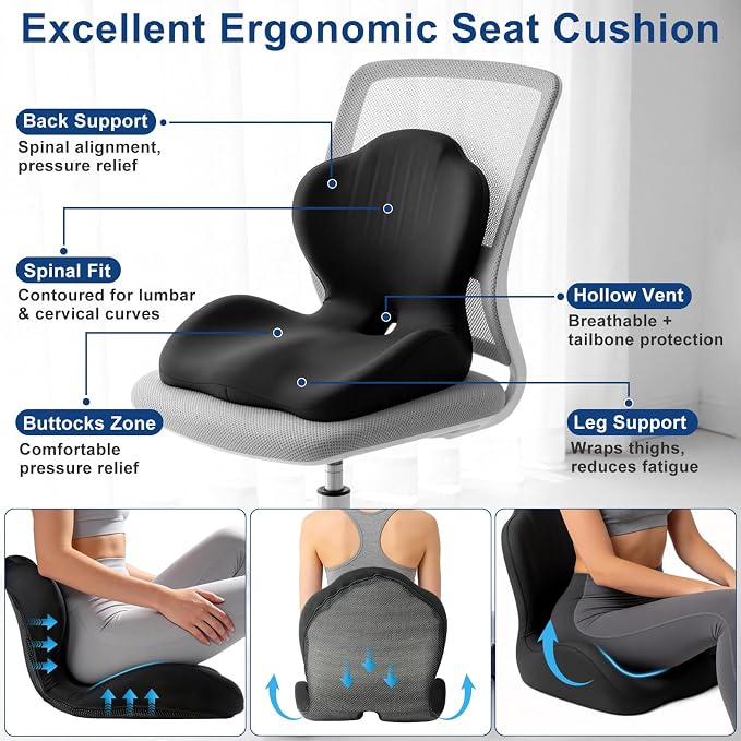 Car Seat Cushion with Lumbar Support Pillow, Memory Foam Office Chair Cushion for Back Pain Sciatica Pain Relief, Ergonomic L-Shaped Seat Cushion for Car Truck Driving Office Chair Home