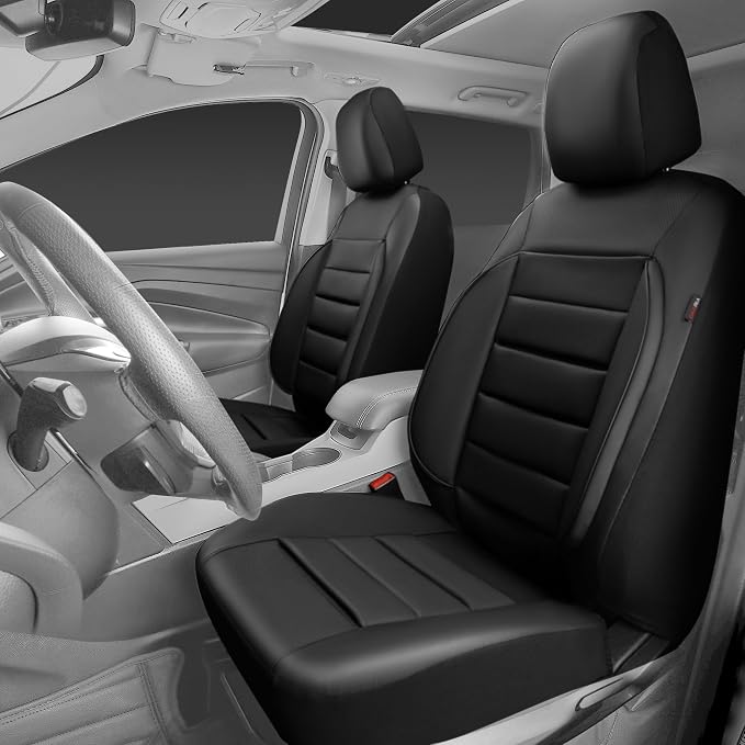 CAR PASS Faux Leather Car Seat Covers Front Seats Only, 3D Foam Support Car Seat Covers, Universal fit for Trucks Vans SUVs Sedans Automotive Comfortable, Airbag Compatible 2 Pieces Front Solid Black